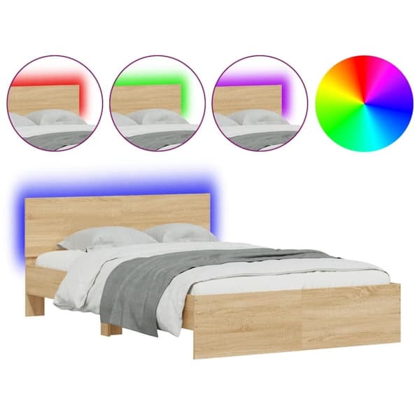 vidaXL sengeramme med sengegavl og LED-lys 120x200 cm sonoma-eg