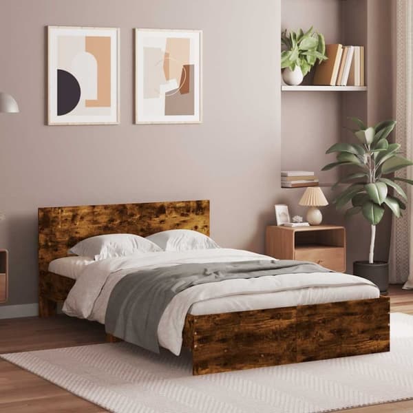 vidaXL sengeramme med sengegavl og LED-lys 135x190 cm røget egetræ