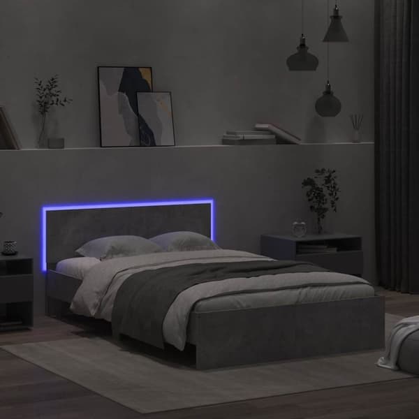 vidaXL sengeramme med sengegavl og LED-lys 135x190 cm betongrå