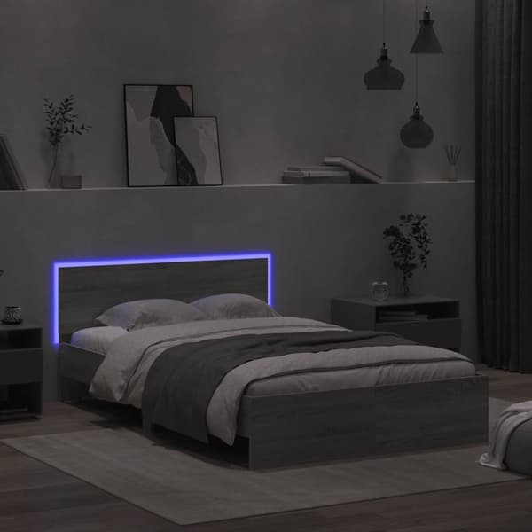 vidaXL Sängynrunko päädyllä ja LED-valoilla harmaa Sonoma 120x190 cm