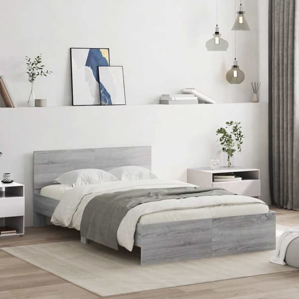 vidaXL Sängynrunko päädyllä ja LED-valoilla harmaa Sonoma 120x190 cm