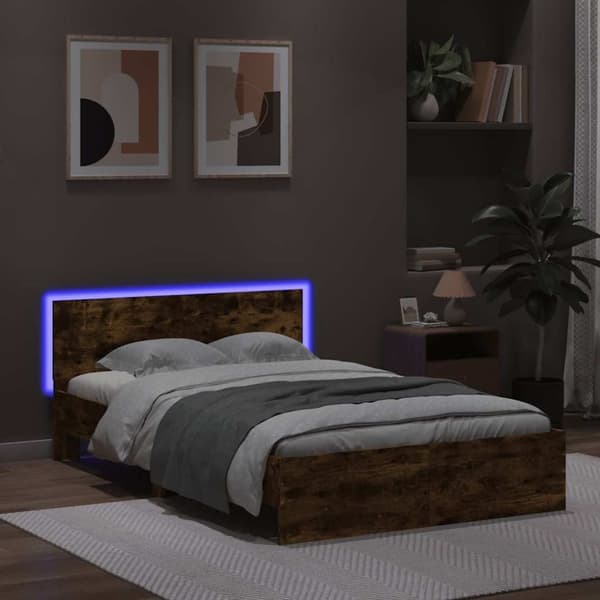 vidaXL Sengeramme med hodegavl og LED røkt eik 135x190 cm