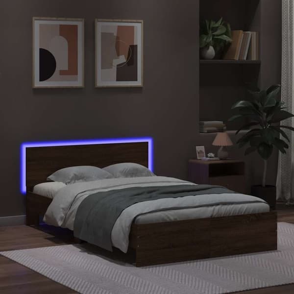 vidaXL sengeramme med sengegavl og LED-lys 120x200 cm brunt egetræ