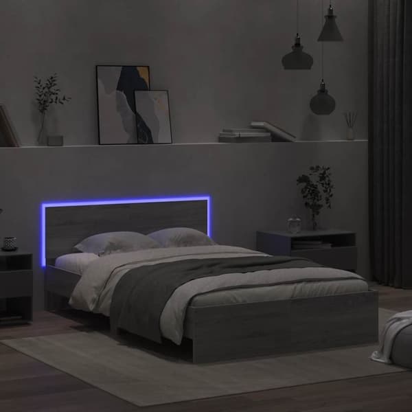 vidaXL Sängram med huvudgavel och LED grå sonoma 135x190 cm