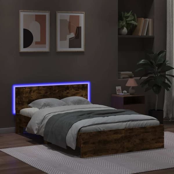 vidaXL sengeramme med sengegavl og LED-lys 140x190 cm røget egetræ