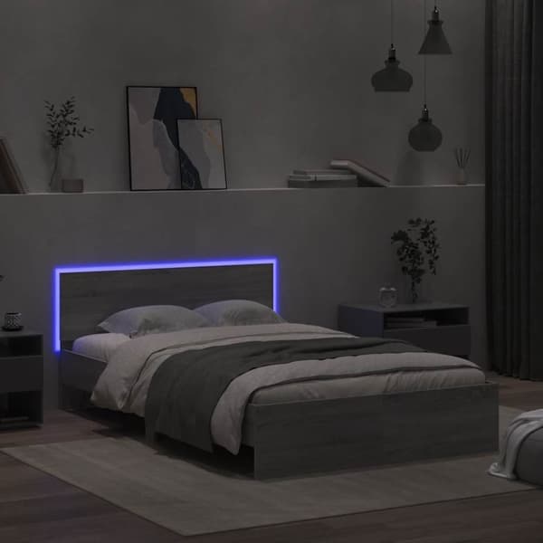 vidaXL Sengeramme med hodegavl og LED grå sonoma 140x190 cm