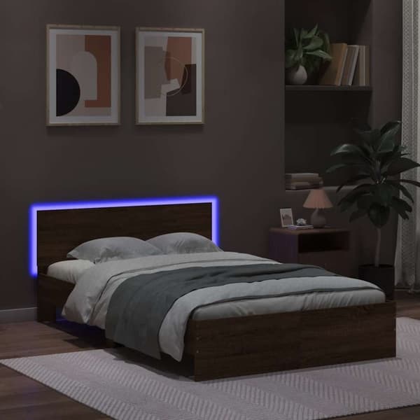 vidaXL Sengeramme med hodegavl og LED brun eik 135x190 cm