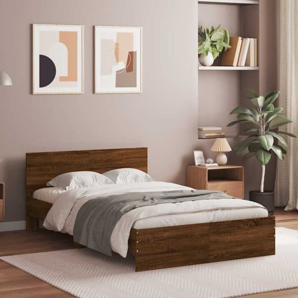 vidaXL Sengeramme med hodegavl og LED brun eik 135x190 cm