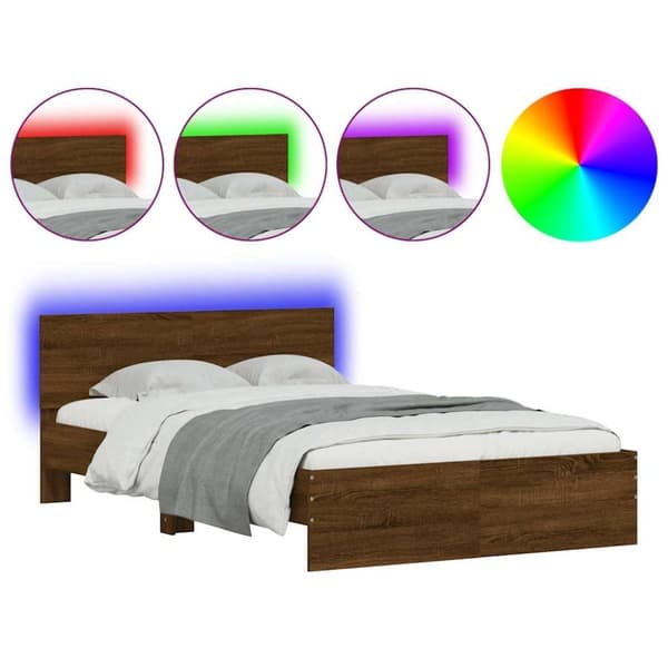 vidaXL Sengeramme med hodegavl og LED brun eik 135x190 cm