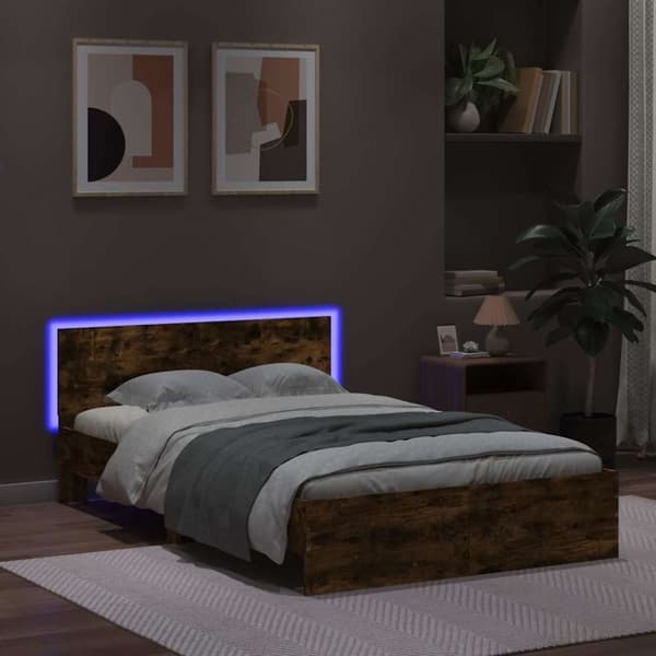 vidaXL Sengeramme med hodegavl og LED røkt eik 120x190 cm