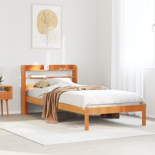 vidaXL sengeramme med sengegavl 90x190 cm massivt fyrretræ gyldenbrun