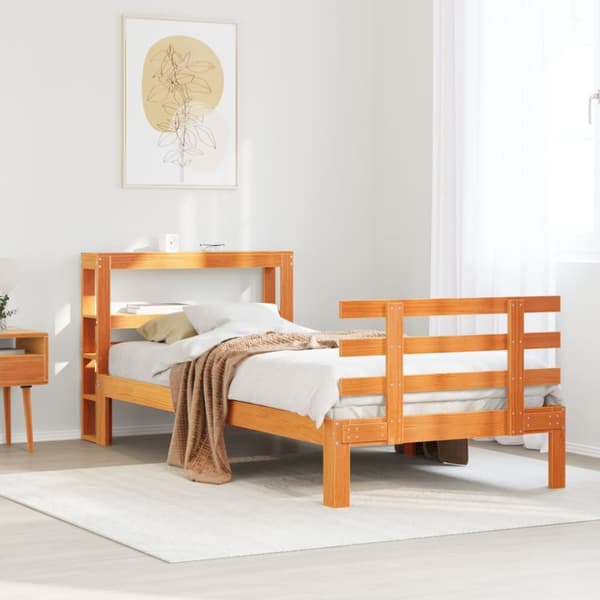 vidaXL sengeramme med sengegavl 90x200 cm massivt fyrretræ gyldenbrun