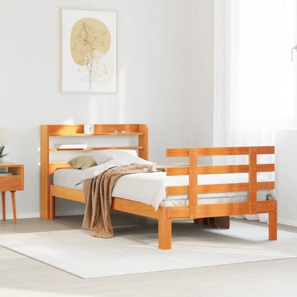 vidaXL sengeramme med sengegavl 90x200 cm massivt fyrretræ gyldenbrun