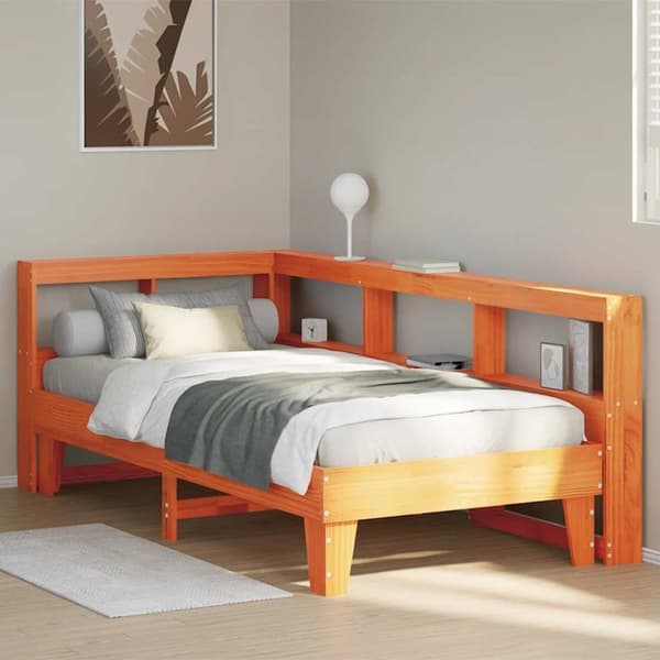 vidaXL Seng med bokhylle uten madrass voksbrun 75x190 cm heltre furu