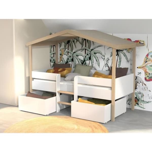 Ensemble Lit cabane enfant - LAÏBA KIDS - Jardin Secret - 90x190 - Matelas inclus - 2 lådor