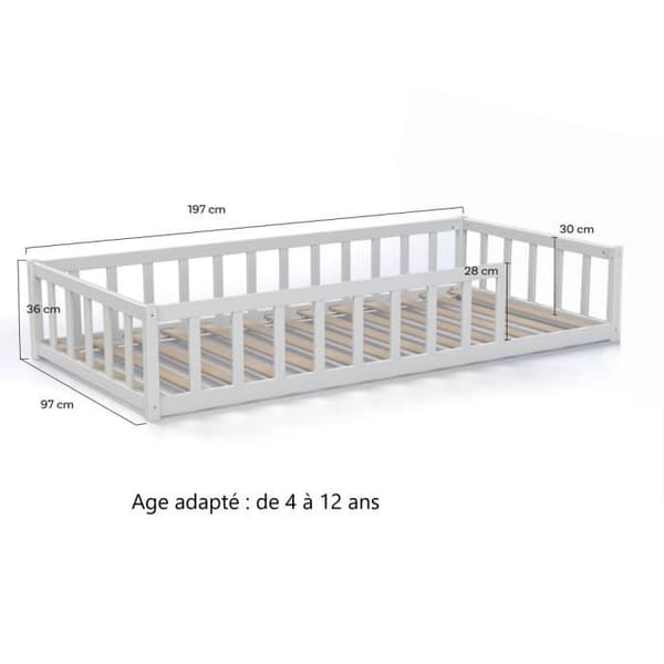 Lit Enfant - LAÏBA KIDS - Lanterne Magique - 90x190 cm - Vit trä - Sängbotten Inkluderat