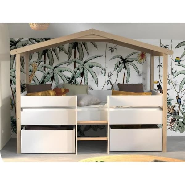 Lit cabane - LAÏBA KIDS - Jardin Secret - 90x190 cm - Vit och Naturlig - 2 utdrag inkluderade