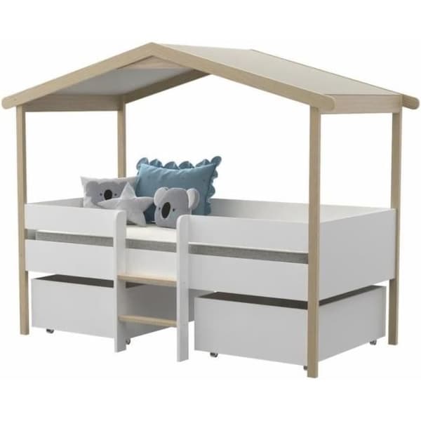 Lit cabane - LAÏBA KIDS - Jardin Secret - 90x190 cm - Vit och Naturlig - 2 utdrag inkluderade