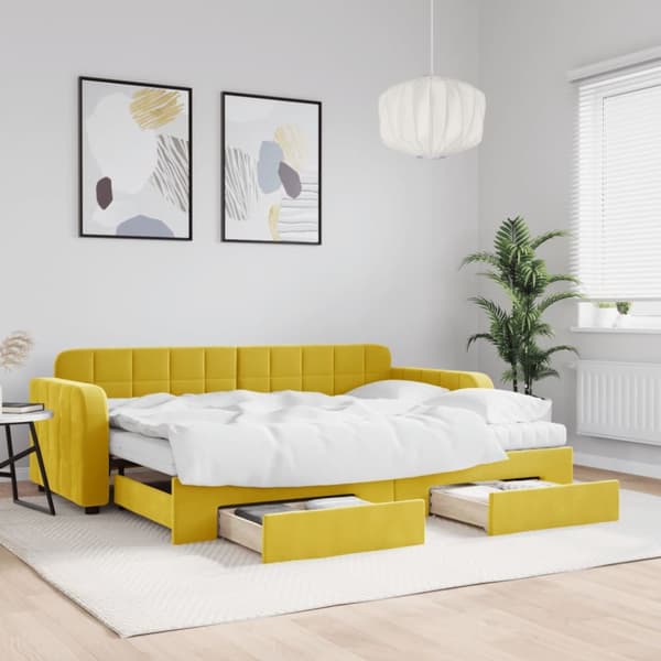 Dagbädd utdragbar med lådor gul 80x200 cm sammet