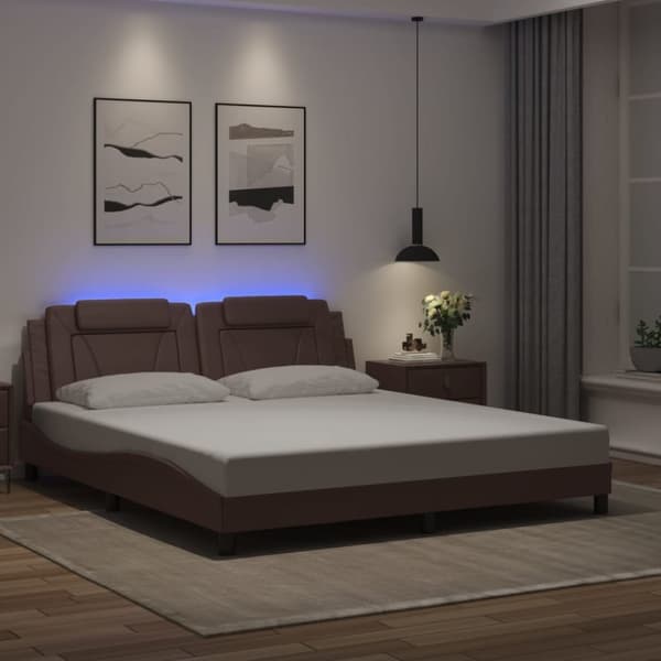 Sängram med LED-belysning brun 180x200 cm konstläder