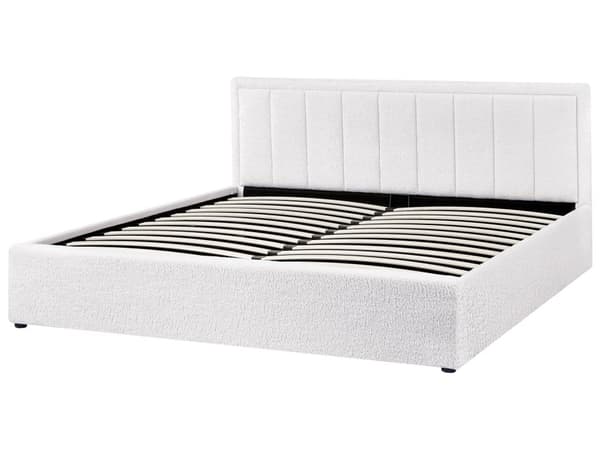 Seng Hvid Boucle 180 x 200 cm Moderne To Mands Seng med Opbevaring Blød Sengegavl Dobbeltseng Sengeramme Retro Design