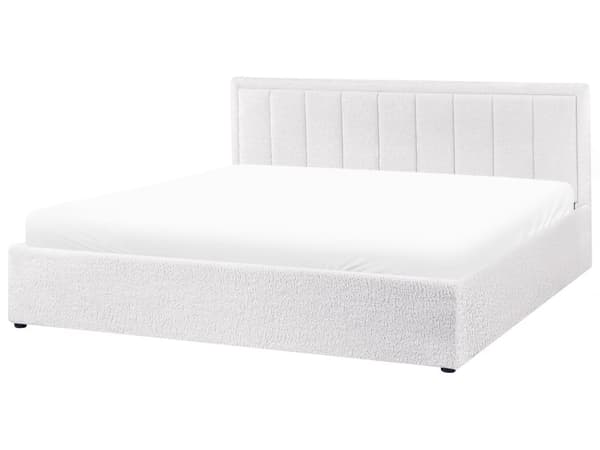 Seng Hvid Boucle 180 x 200 cm Moderne To Mands Seng med Opbevaring Blød Sengegavl Dobbeltseng Sengeramme Retro Design