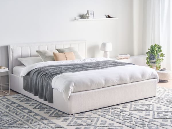 Seng Hvid Boucle 180 x 200 cm Moderne To Mands Seng med Opbevaring Blød Sengegavl Dobbeltseng Sengeramme Retro Design