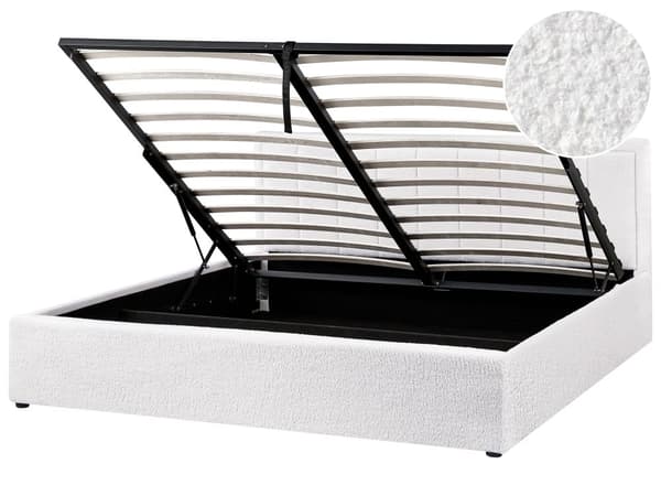 Seng Hvid Boucle 180 x 200 cm Moderne To Mands Seng med Opbevaring Blød Sengegavl Dobbeltseng Sengeramme Retro Design