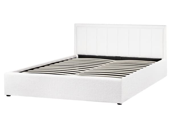 Seng Hvid Boucle 160 x 200 cm Moderne To Mands Seng med Opbevaring Blød Sengegavl Dobbeltseng Sengeramme Retro Design