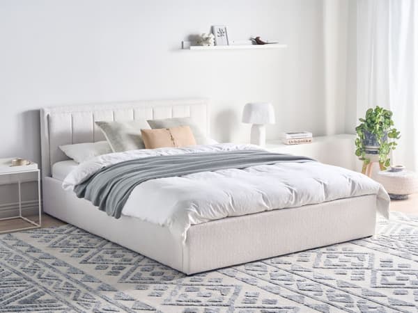 Seng Hvid Boucle 160 x 200 cm Moderne To Mands Seng med Opbevaring Blød Sengegavl Dobbeltseng Sengeramme Retro Design