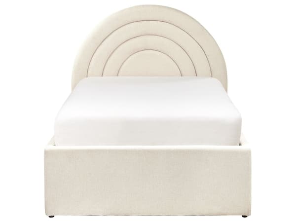 Säng Beige Tyg 90 x 200 cm Minimalistisk Retro Design Ottoman Förvaring Lamellbotten Halvrund Huvudgavel
