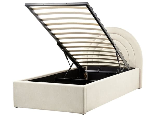 Säng Beige Tyg 90 x 200 cm Minimalistisk Retro Design Ottoman Förvaring Lamellbotten Halvrund Huvudgavel