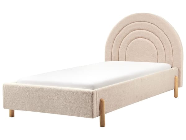 Säng Beige Boucle 90 x 200 cm Lamellbotten Träben Minimalistisk Retro Design Halvrund Huvudgavel