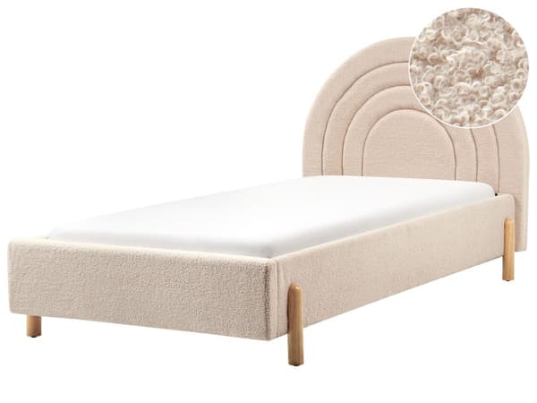 Säng Beige Boucle 90 x 200 cm Lamellbotten Träben Minimalistisk Retro Design Halvrund Huvudgavel