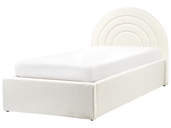 Säng Off-White Boucle 90 x 200 cm Minimalistisk Retro Design Ottoman Förvaring Lamellbotten Halvrund Huvudgavel