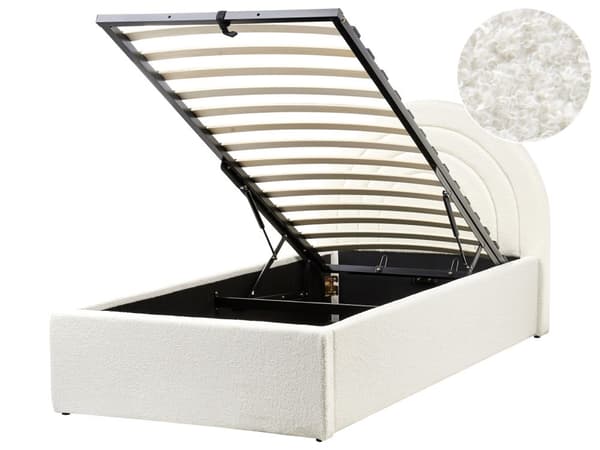 Säng Off-White Boucle 90 x 200 cm Minimalistisk Retro Design Ottoman Förvaring Lamellbotten Halvrund Huvudgavel