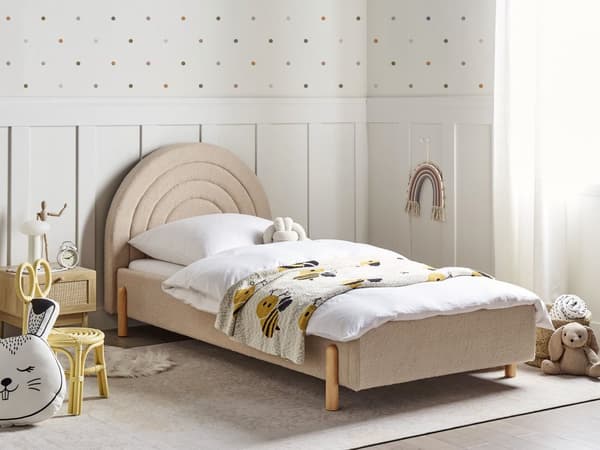 Enkeltseng Beige Boucle 90 x 200 Enkeltmandsseng Teenageseng Pige Seng Moderne til Børneværelse Sengeramme Stofseng med Gavl
