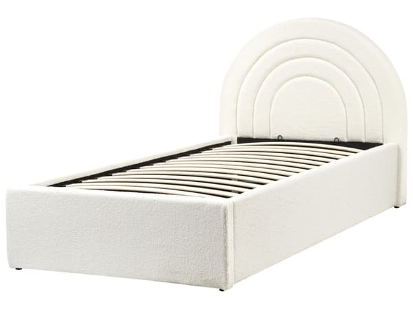 Enkeltseng Off White Boucle 90 x 200 Enkeltmandsseng med Opbevaring til Juniorværelse Sengeramme med Hovedgærde