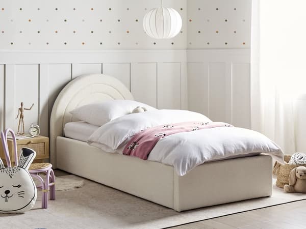 Enkeltseng Off White Boucle 90 x 200 Enkeltmandsseng med Opbevaring til Juniorværelse Sengeramme med Hovedgærde