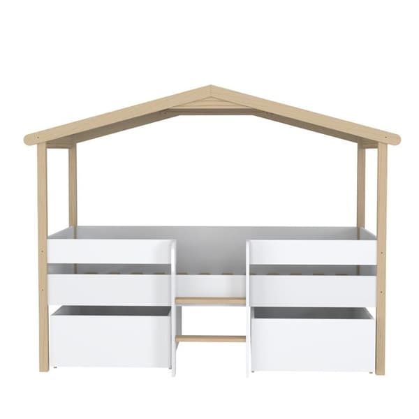 Liten säng CABANE PILOTI 90x190 + 2 lådor + 1 sängbotten / Vit och naturlig
