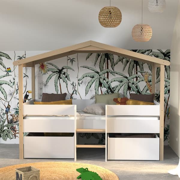 Liten säng CABANE PILOTI 90x190 + 2 lådor + 1 sängbotten / Vit och naturlig