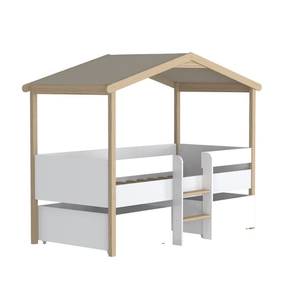 Liten säng CABANE PILOTI 90x190 + 2 lådor + 1 sängbotten / Vit och naturlig