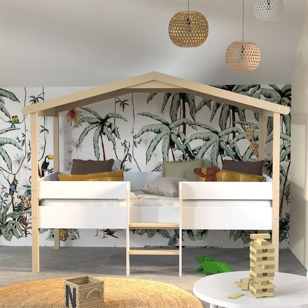 Lit cabane PILOTI 90x190 + 1 sängbotten / Vit och naturlig