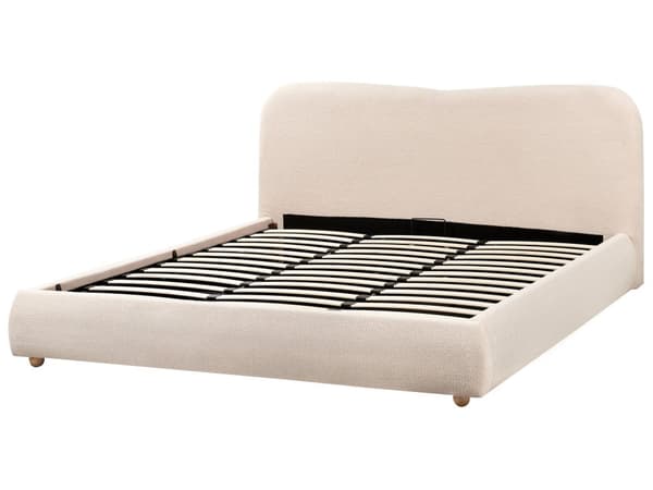 Seng med Oppbevaring Lys Beige Bouclé 180 x 200 cm Sengegavl Minimalistisk Stil Dobbeltseng Soverom