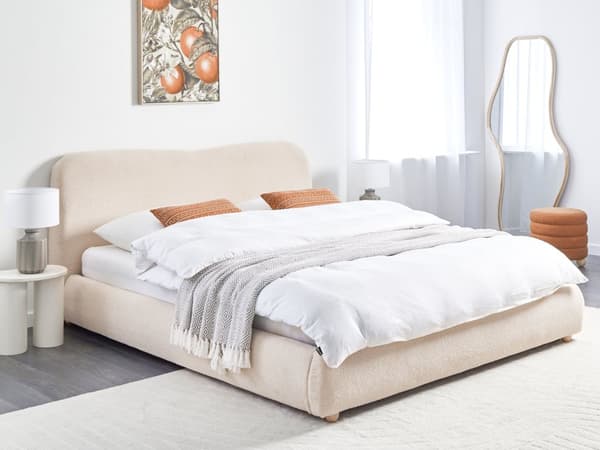 Seng med Oppbevaring Lys Beige Bouclé 180 x 200 cm Sengegavl Minimalistisk Stil Dobbeltseng Soverom