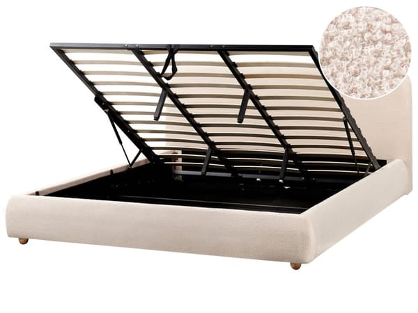 Seng med Oppbevaring Lys Beige Bouclé 180 x 200 cm Sengegavl Minimalistisk Stil Dobbeltseng Soverom