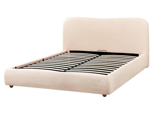 Seng med Oppbevaring Lys Beige Bouclé 160 x 200 cm Sengegavl Minimalistisk Stil Dobbeltseng Soverom