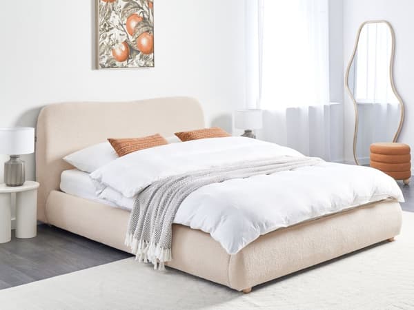 Seng med Oppbevaring Lys Beige Bouclé 160 x 200 cm Sengegavl Minimalistisk Stil Dobbeltseng Soverom