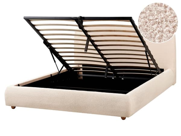 Seng med Oppbevaring Lys Beige Bouclé 160 x 200 cm Sengegavl Minimalistisk Stil Dobbeltseng Soverom