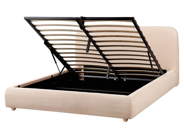 Seng med Oppbevaring Beige Bouclé 160 x 200 cm Sengegavl Minimalistisk Stil Dobbeltseng Soverom